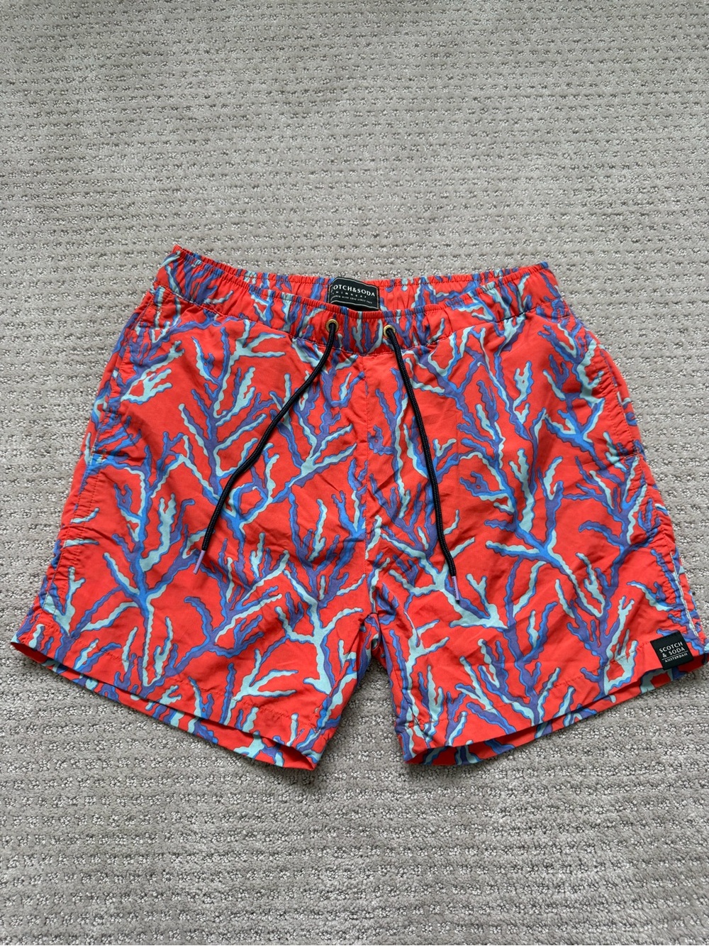 Scotch & Soda Red Coral-Pattern Swim Trunks with Blue Accents